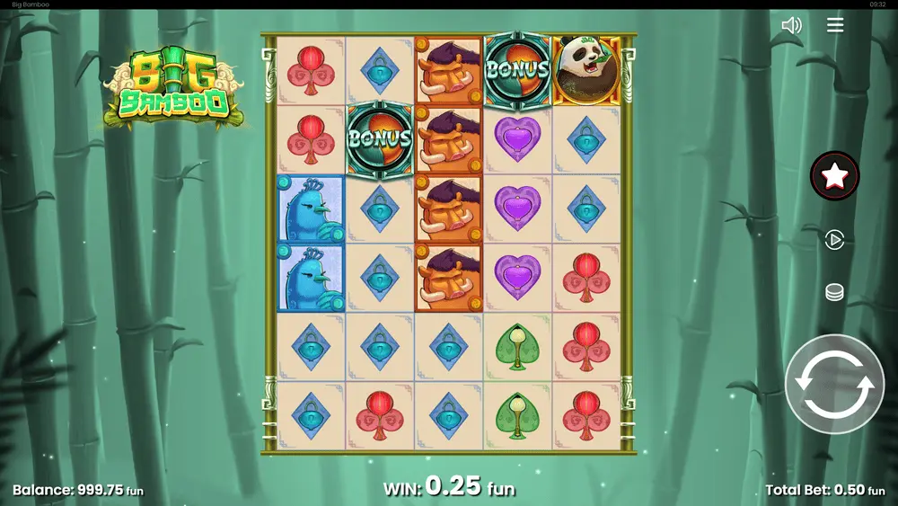 Gioco base di Big Bamboo con simboli Bamboo Misterioso a faccia in giù accanto al Panda e ai simboli premium