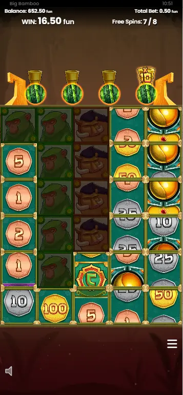 Giri gratuiti di Big Bamboo attivi con contatore Scatter e misuratore di conversione parzialmente riempito