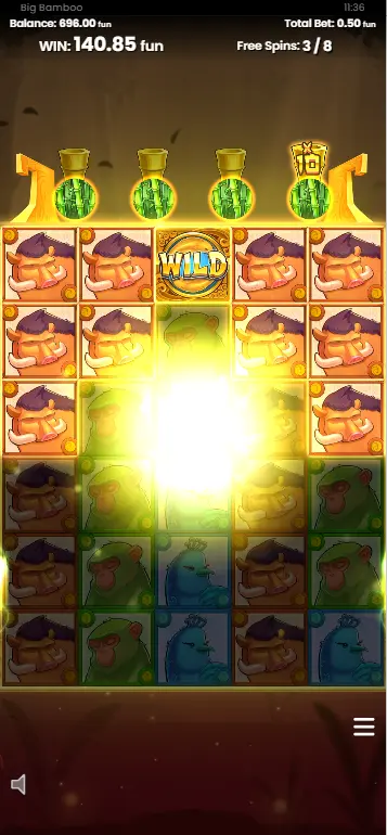 Giri Gratuiti di Big Bamboo alla quarta conversione con tutti i simboli bassi sostituiti e moltiplicatore 10x attivo